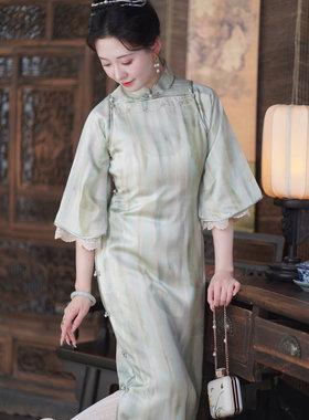 白荔枝｜文艺复古倒大袖旗袍长裙女春季新款国风年轻款少女连衣裙