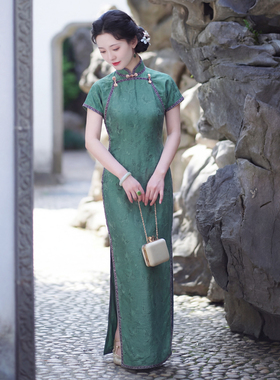 森氧｜梦回故里春夏复古古法旗袍侧拉链30s曳地半开襟旗袍连衣裙