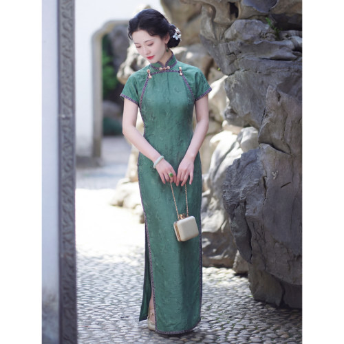 森氧｜梦回故里春夏复古古法旗袍侧拉链30s曳地半开襟旗袍连衣裙