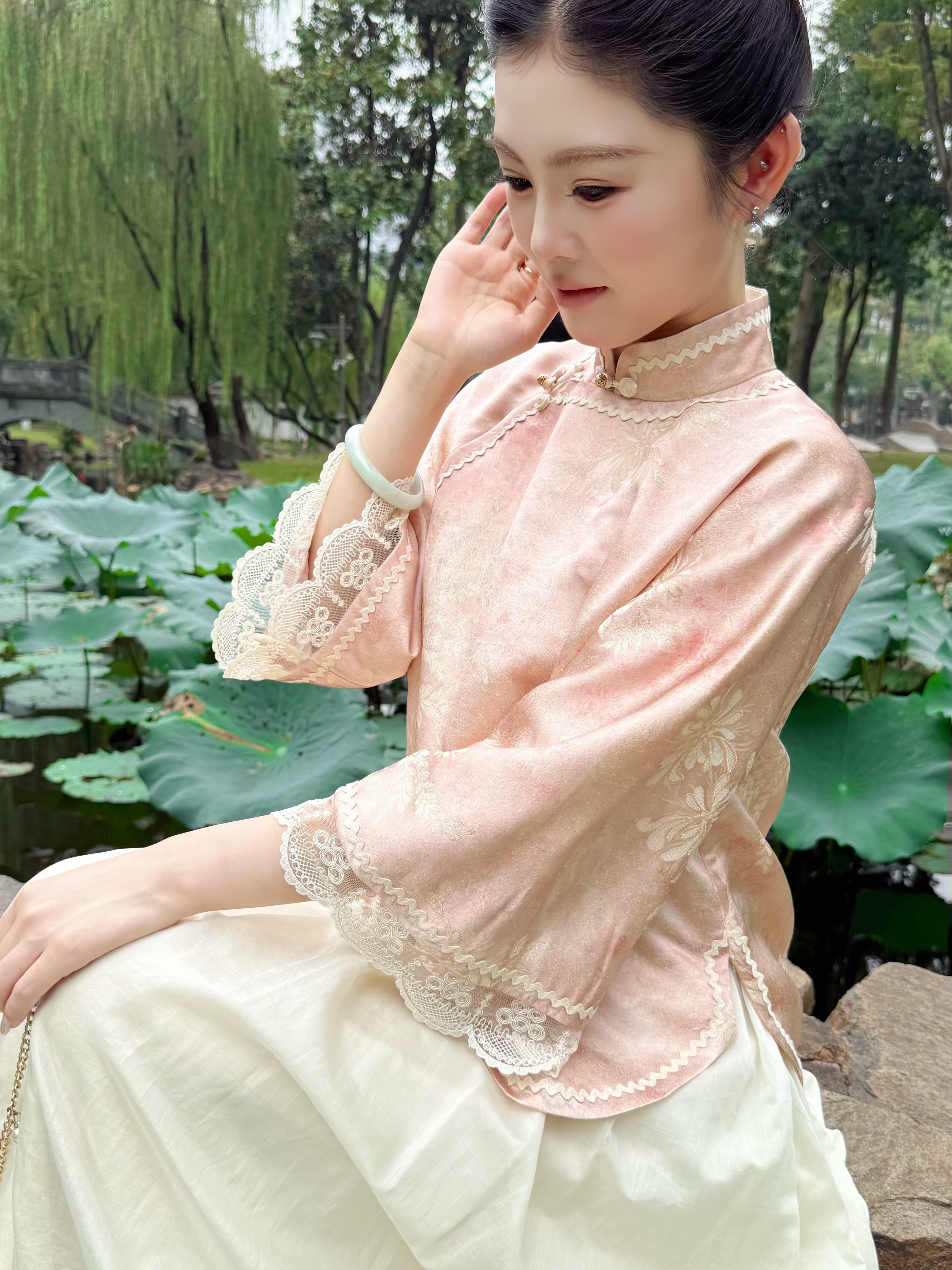 芍花瑶|民国时期倒大袖全开襟复古文艺上衣中式套装双色提花缎面