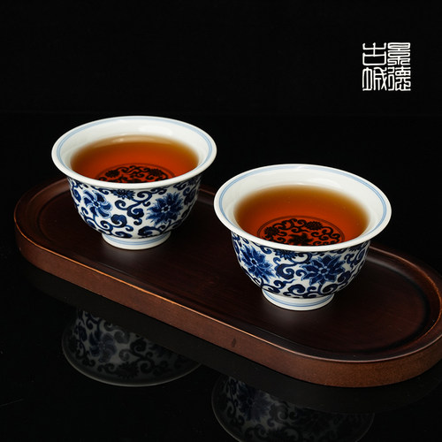 皮球花压手杯景德镇缠枝莲主人杯茶杯景德镇陶瓷茶杯青花瓷