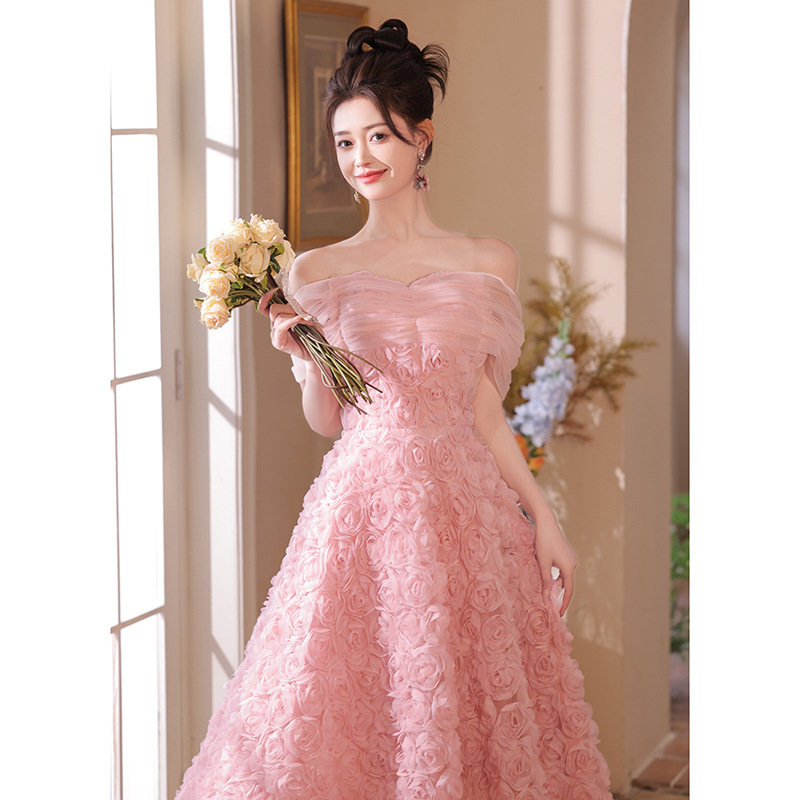 粉色一字肩晚礼服高端轻奢小众2025新款感超仙生日小个子毕业