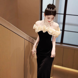 黑色晚礼服女2025新款高级感气质名媛宴会年会主持人演出服连衣裙