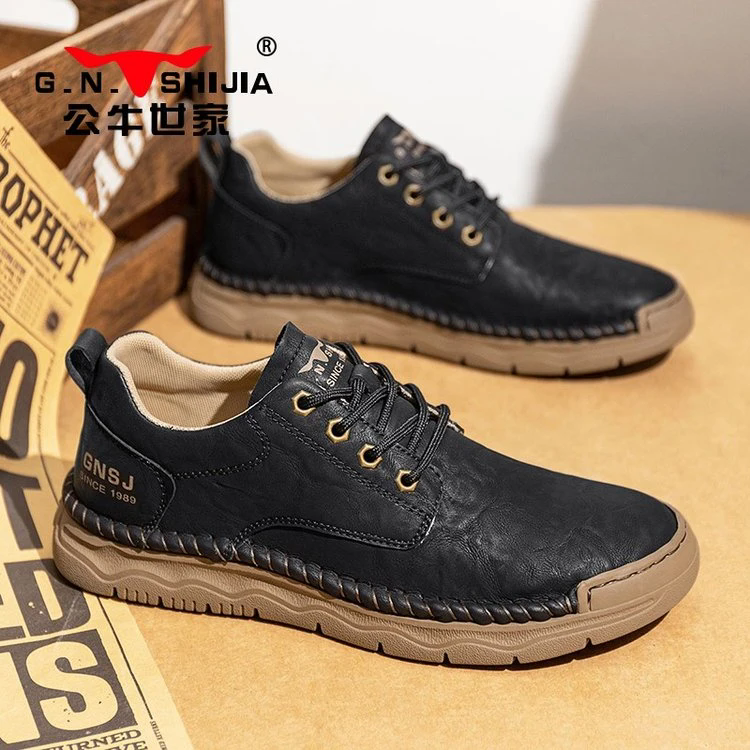 公牛世家秋季新款百搭低帮马丁靴男款工装鞋复古商务休闲皮鞋