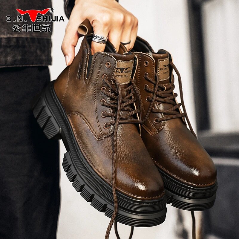 公牛世家马丁靴男鞋秋季新款高帮英伦风中帮皮鞋男士黑色工靴