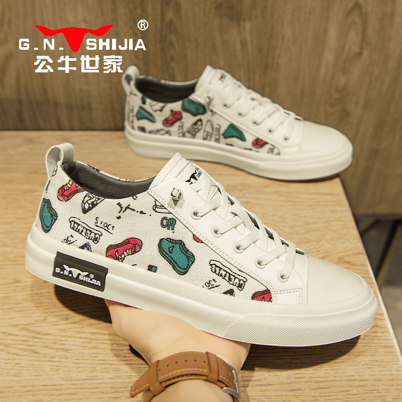 公牛世家男鞋一脚蹬帆布鞋男夏季透气休闲板鞋印花小白鞋国风潮鞋