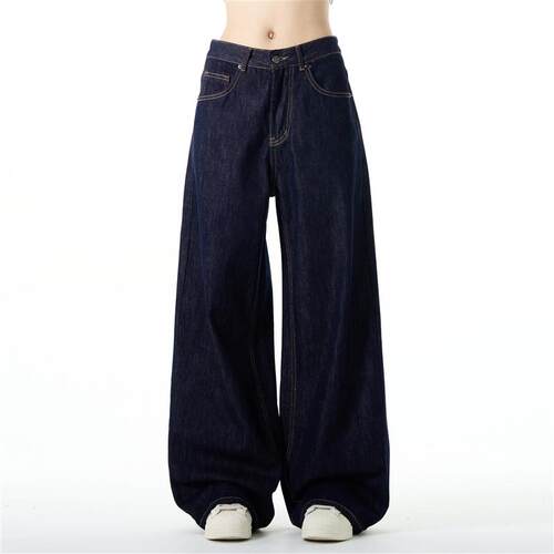 FLYOFF街头直筒阔腿深蓝色牛仔裤男女复古百搭休闲松弛感拖地裤子