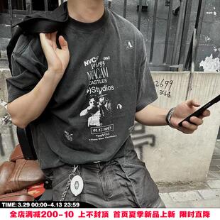 复古vintage裂纹印花反缝线做旧水洗黑宽松短袖 T恤 美式 NOVACAM