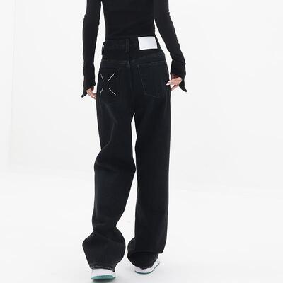 KEN STUDIO秋冬新款黑色加绒牛仔裤女高腰显腿长直筒裤休闲裤裤子