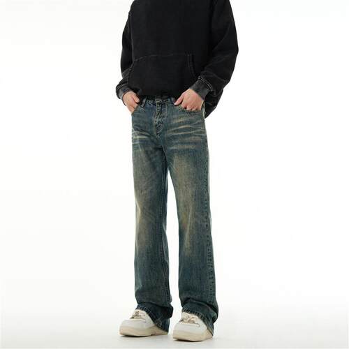 FLYOFF美式高街vibe水洗黄泥牛仔裤男坠感复古微喇叭cleanfit裤子