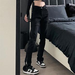小脚直筒显瘦百搭裤 ins潮修身 子男 脚拉链黑色牛仔裤 9002up高街裤