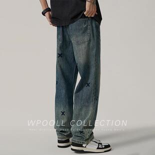 美式高街刺绣牛仔裤男2025新款男士宽松男裤潮牌痞帅炸街直筒裤子