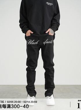 BLACK OF EXIT 国潮街头复古刺绣开叉牛仔裤黑色显瘦高街修身长裤