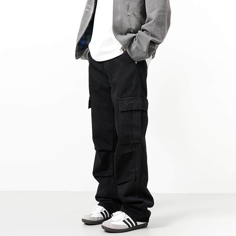 RAIN EDM美式高街多口袋褶皱工装牛仔裤男复古设计感宽松直筒裤子