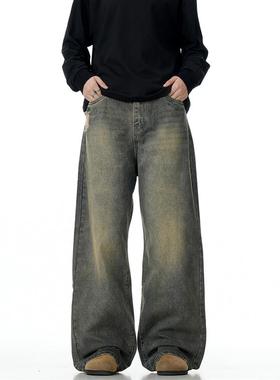 Verborgen美式复古vintage做旧黄泥染牛仔裤直筒宽松阔腿水洗vibe