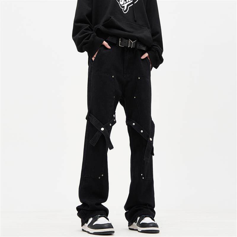MADWITCH原创设计高街绑带微喇直筒裤牛仔裤男黑色休闲工装裤裤子