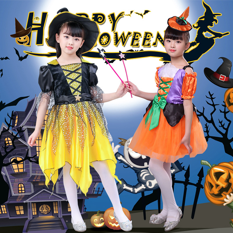 万圣节儿童服装cosplay女巫婆金色公主裙南瓜精灵化妆舞会演出服