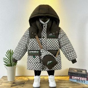 儿童羽绒棉服中长款男童2024冬季新款时尚连帽中童加厚保暖外套潮