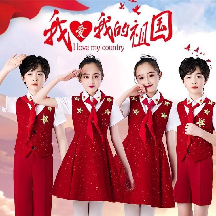 元旦儿童演出服红色爱国诗歌朗诵演讲男女童中小学生大合唱团服装