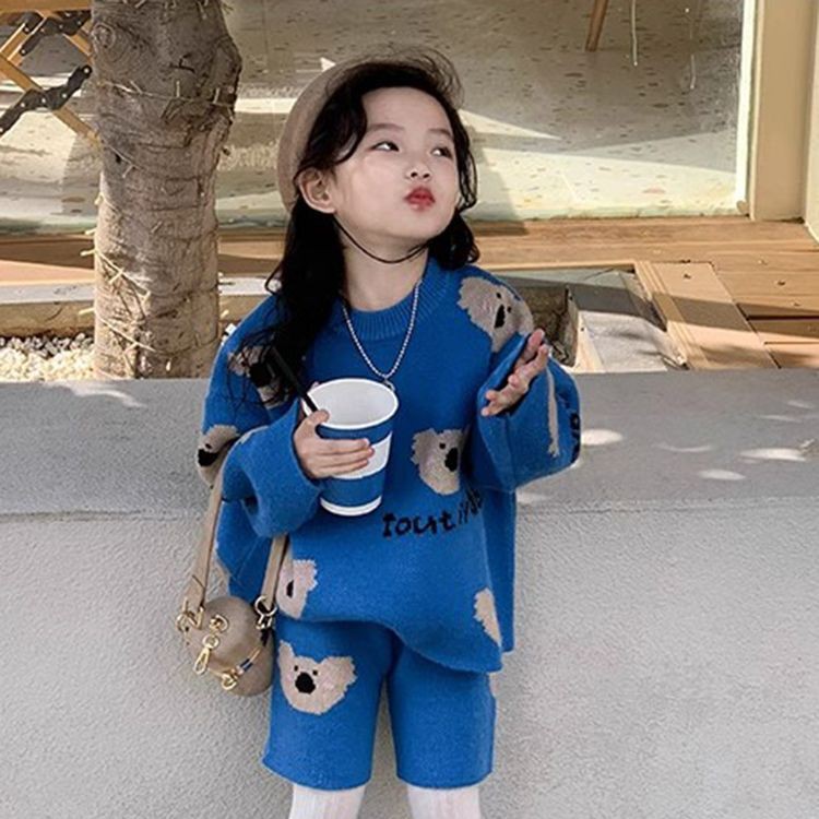 韩国童装2024秋季新款可爱考拉提花圆领毛衣儿童蓝色针织上衣短裤