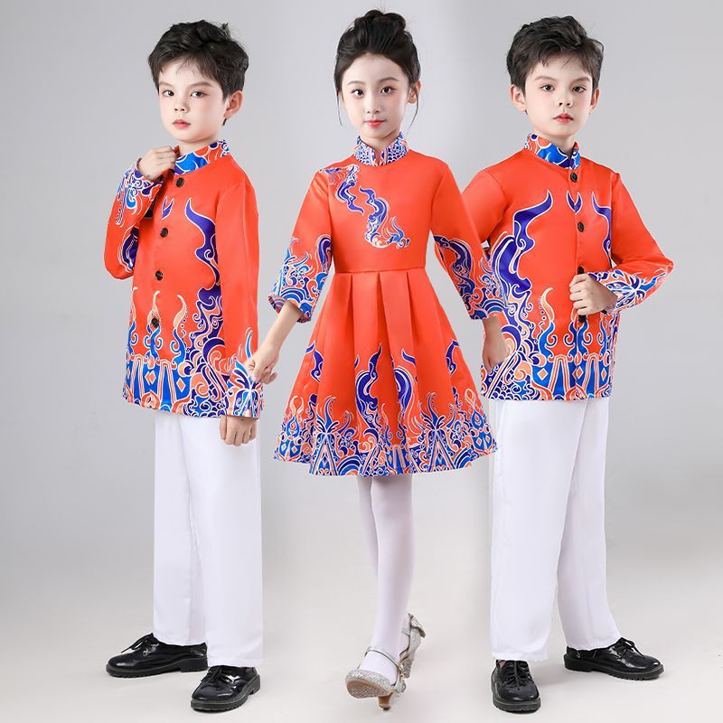 元旦儿童大合唱团中国风演出服红色歌唱祖国中小学生诗朗诵班服
