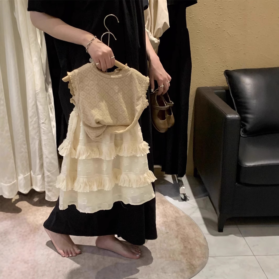 2025夏季新款提花蕾丝背心套装韩系女童流苏半裙两件套儿童上衣