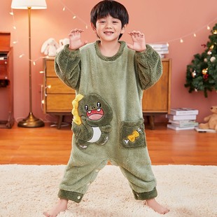 儿童连体睡衣男孩春秋法兰绒女宝宝长毛绒冬季家居服加绒加厚睡袋