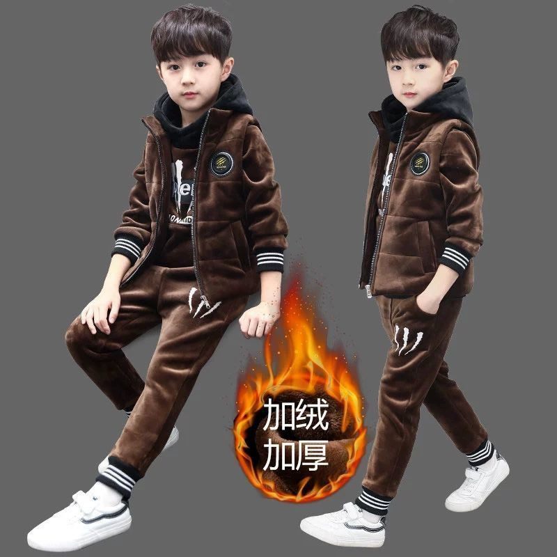 童装男秋冬季2025加绒加厚三件套儿童新款韩版中大童运动休闲套装