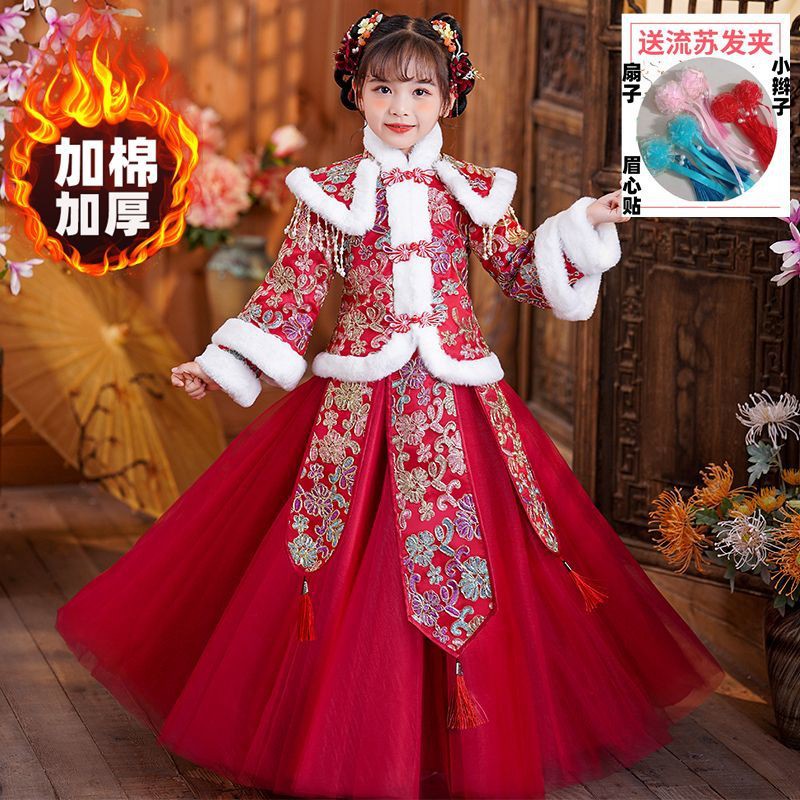 现货汉服冬款女童拜年服儿童连衣裙冬季加绒加厚小女孩拜年服