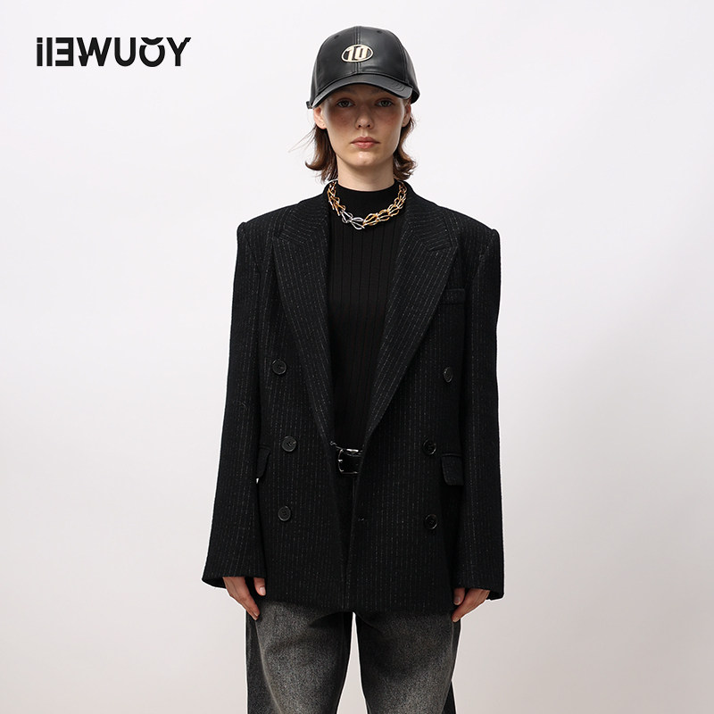 YOUWEI【优惠专属】条纹女双排扣长袖西装女士外套上衣Y1923404 - YOUWEI有尾企业店出品