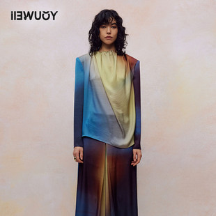 YOUWEI有尾2024夏季长袖衬衫醋酸印花荡领衬衫女Y1624202