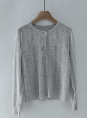 春夏亚麻镂空圆领针织开衫女外搭