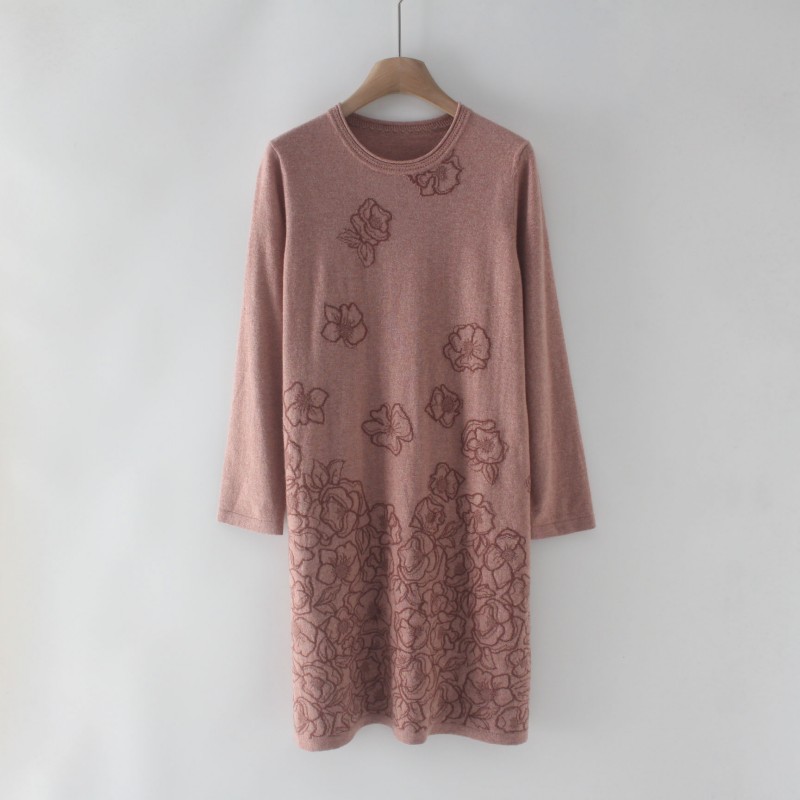 春秋撤柜女装羊毛七彩丝提花圆领长袖连衣裙针织衫毛衣上衣