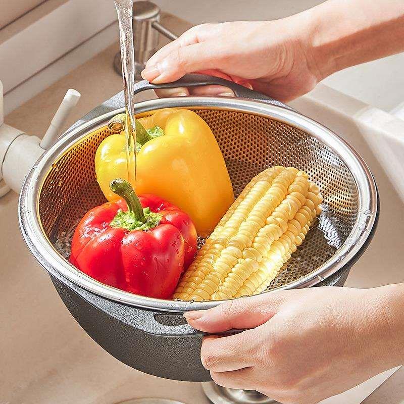 双层加厚不锈钢沥水篮淘米器漏盆厨房家用水果篮果盘洗菜篮筛洗盆