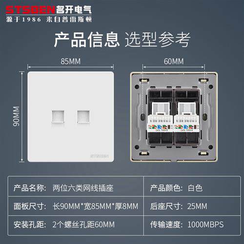 86型暗装双口千兆网路插座CAT6宽带信息面板两位六类网线电脑插座