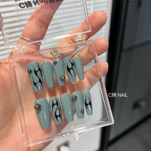 C辣Nail 欧美潮酷手绘火焰辣妹美甲手工穿戴甲成品可拆卸假指甲