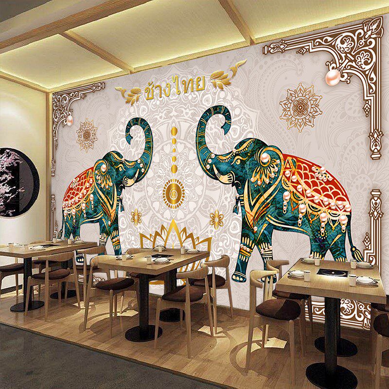 泰式风格壁纸泰国大象壁画墙布餐厅料理装饰画贴纸东南亚风情墙纸