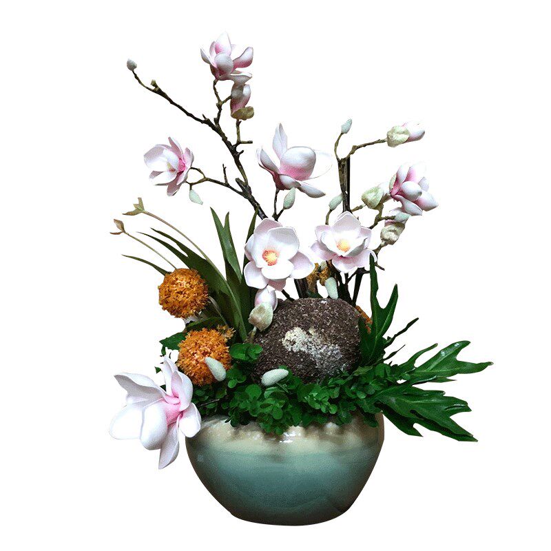陶瓷花瓶摆件新中式台面酒柜玄关装饰花艺蝴蝶兰仿真花套装客厅