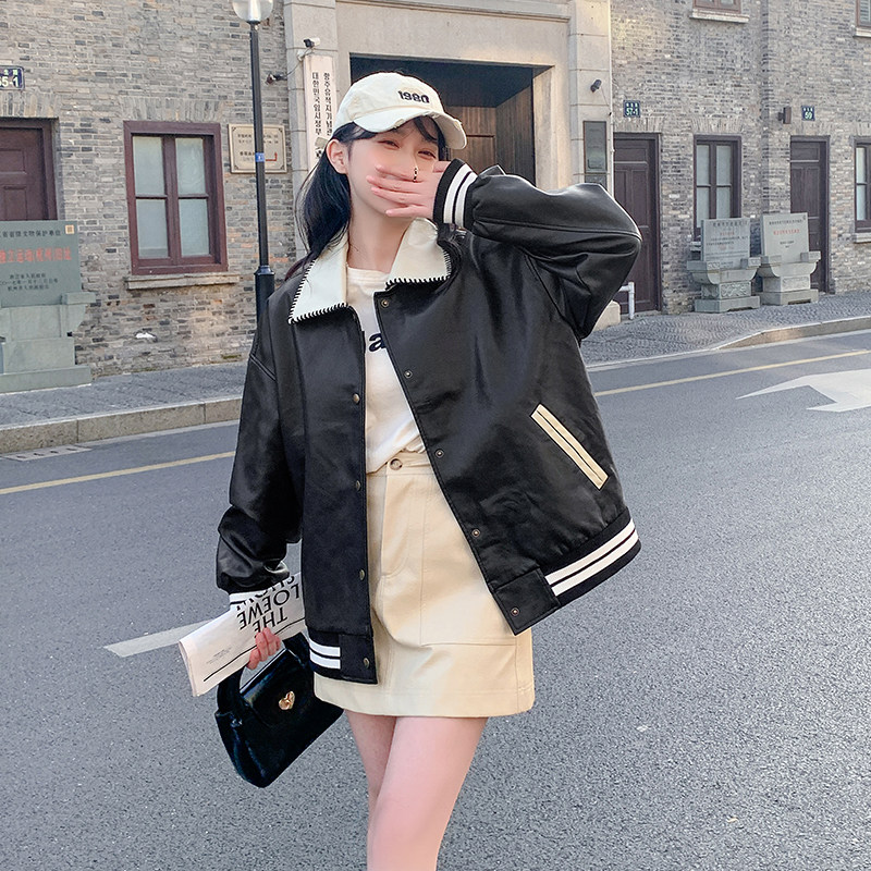 FJFB2026新款春装拼色方领黑色皮衣女短款机车风宽松外套pu皮夹克