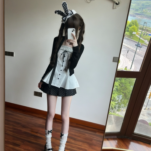 丹丹吃不饱 黑巧森林 蕾丝花边抹胸背心+高腰半身裙套装夏季