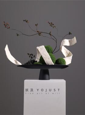 尧与新中国风易达奢华苔藓模拟花艺组合黑色水果盘摆件茶室桌面花