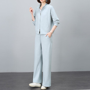 运动套装 女中年妈妈高端卫衣两件套浅蓝色春秋洋气运动服休闲套装