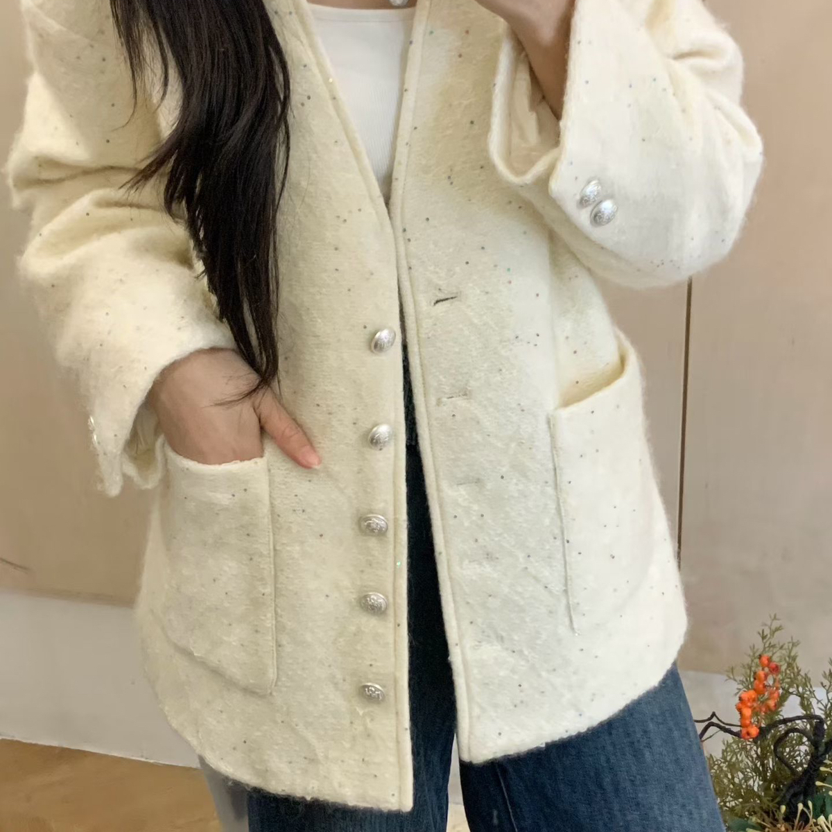 云朵小香风羽绒冬气质羊毛呢中长款外羽绒服(含90白鸭绒)TBL-9513