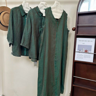 朵设计小众织亚麻无袖 绿色亚麻连衣裙M云89 毛边长裙今年流行爆款