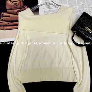 134 小女人翻领一字肩韩系温柔风针织衫 钱贝贝 26年春款