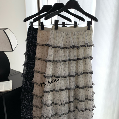 云朵家法式复古风层层叠叠木耳边印花中长款蛋糕裙半身裙zb6467