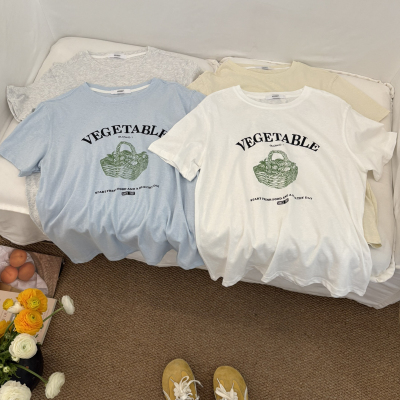 云朵设计小众26夏上新菜篮子印花圆领宽松舒适短袖T恤Xx1987