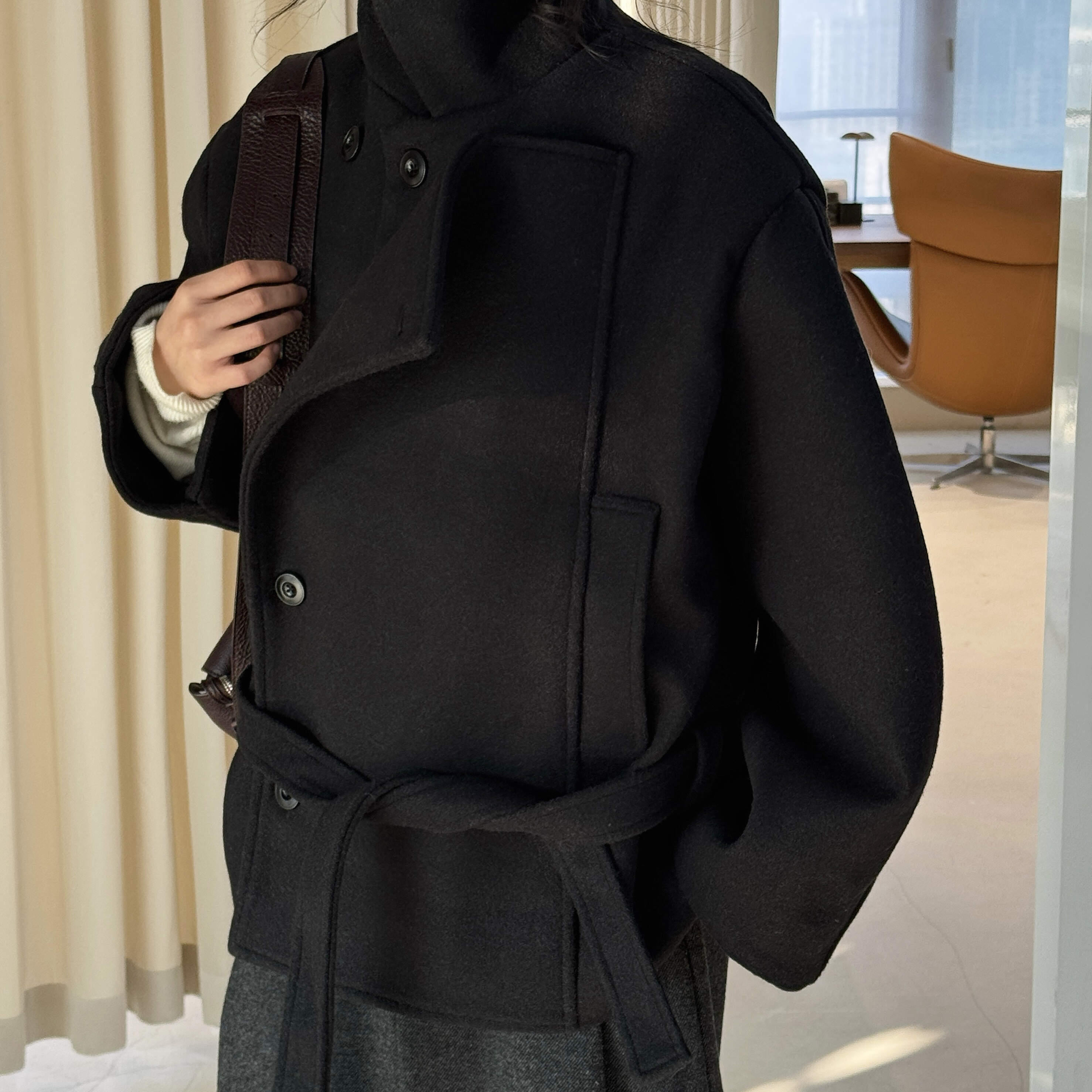 云朵设计设计风翻领单面呢配腰带双层门襟保暖大衣(配腰带)Z4387