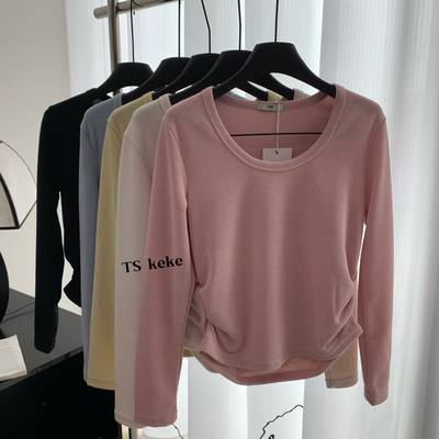 云朵家新特～U领褶皱收腰长袖打底衫修身显瘦短款上衣小衫zb6456