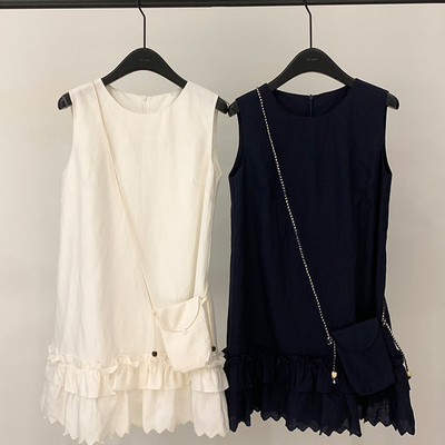 HE MIN云朵丝亚麻拼接木耳边背心裙2026春季韩系气质连衣裙T6302C